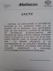 Precizări ApaRegio Gorj – CED Rovinari, privind întreruperea alimentării cu apă anunțată de Compania de Apă Craiova pentru mâine, 23.09.2025.