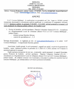 17.10.2025 Anunt dezbatere publica proiect HCL privind aprobarea P.U.G. actualizare si a regulamentului Local de Urbanism aferent P.U.G.