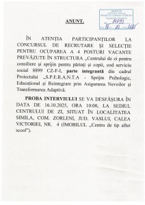 Anunt data sustinere interviu Proiect Centru de zi – 16.10.2025, ora 10