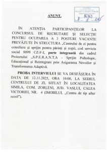 Anunț interviu ocupare 3 posturi ”Centru de zi”