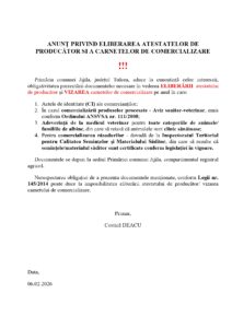 ANUNȚ PRIVIND ELIBERAREA ATESTATELOR DE PRODUCĂTOR ȘI A CARNETELOR DE COMERCIALIZARE
