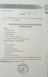 Anunț angajare SC GAZ NORD EST SA