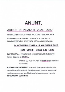 Anunt/Documente necesare ajutor de incalzire 2026-2027
